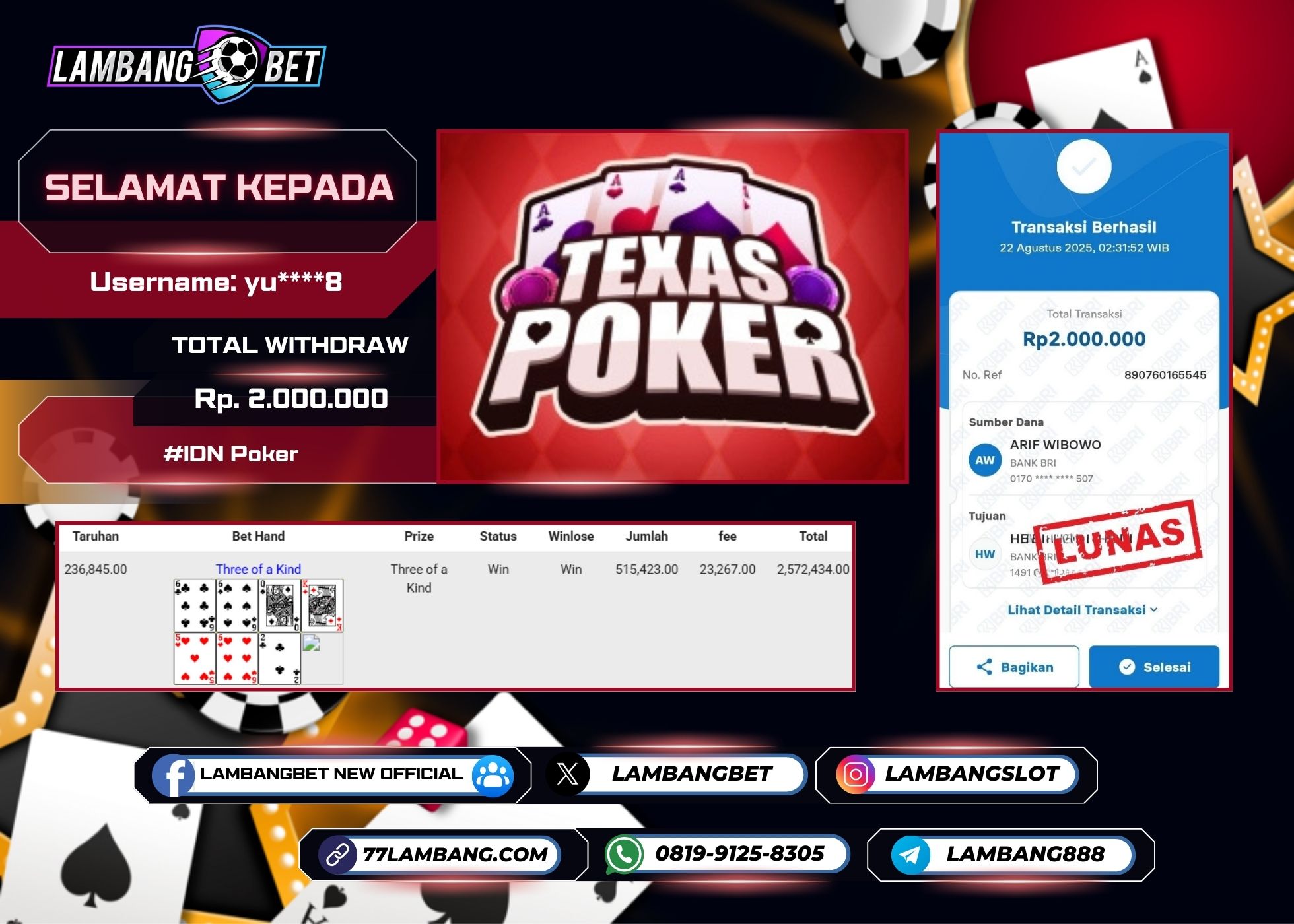 LAMBANGBET [22 AUGUST 2025] JACKPOT IDN Poker "Rp2.000.000" LUNAS